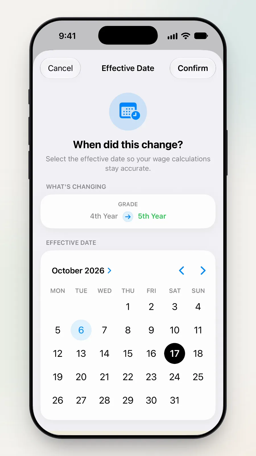The calendar with 17 October picked.