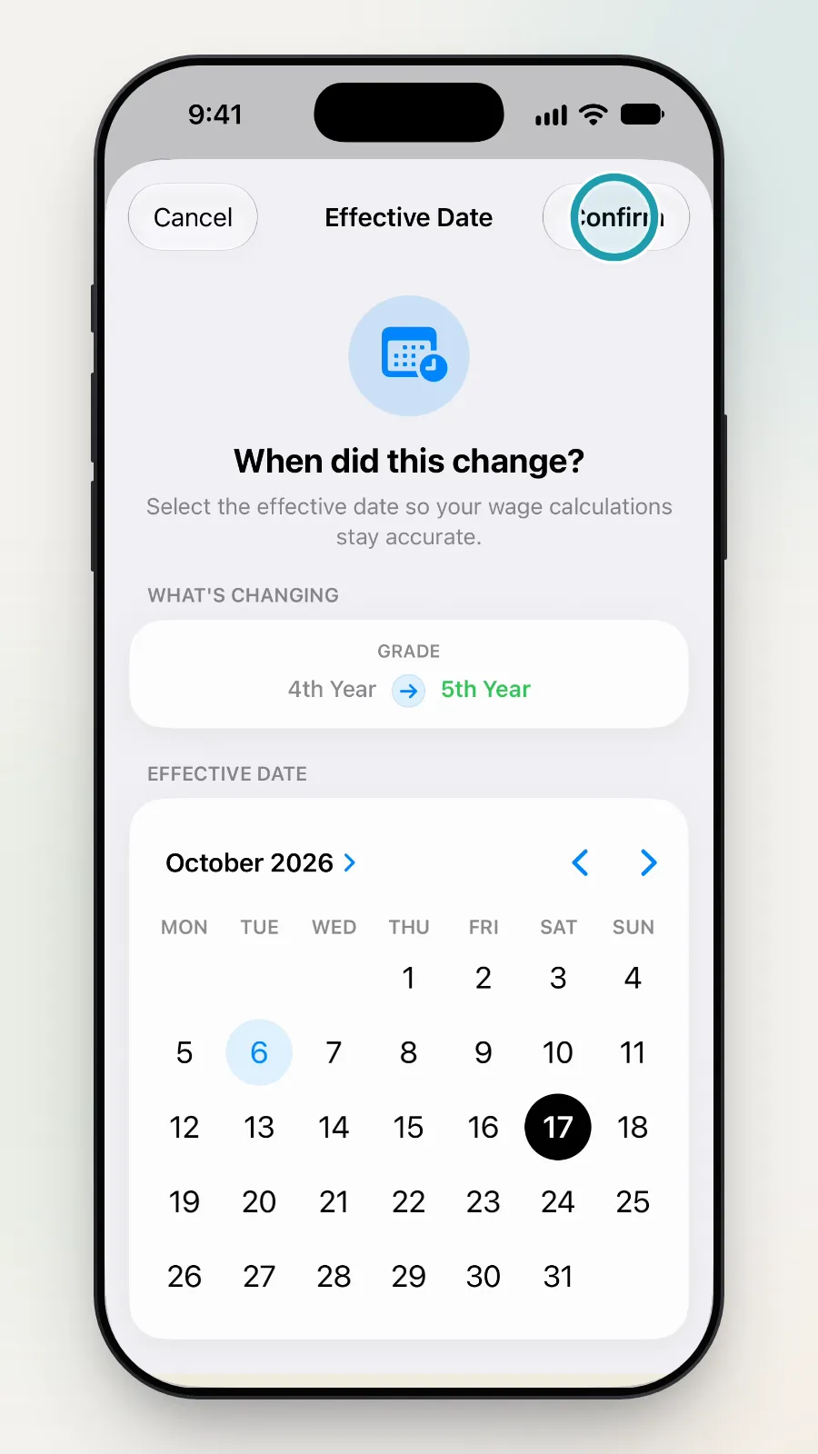 The Confirm button at the top right being tapped.