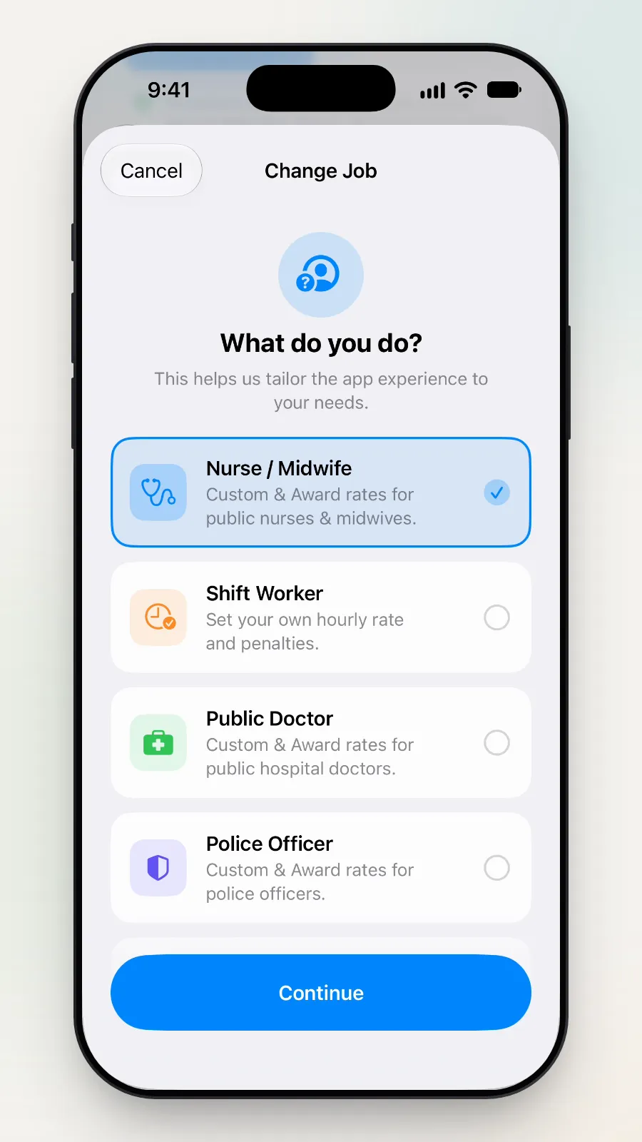 The first Change Job page, "What do you do?", with the current profession ticked.
