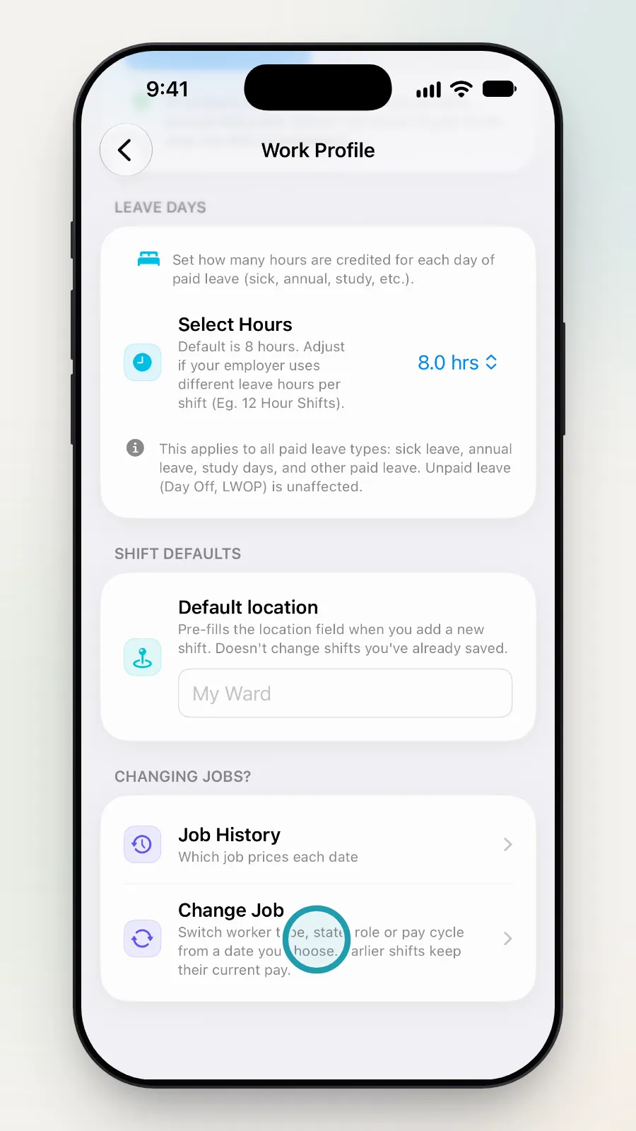 The Changing Jobs? section with Change Job being tapped.