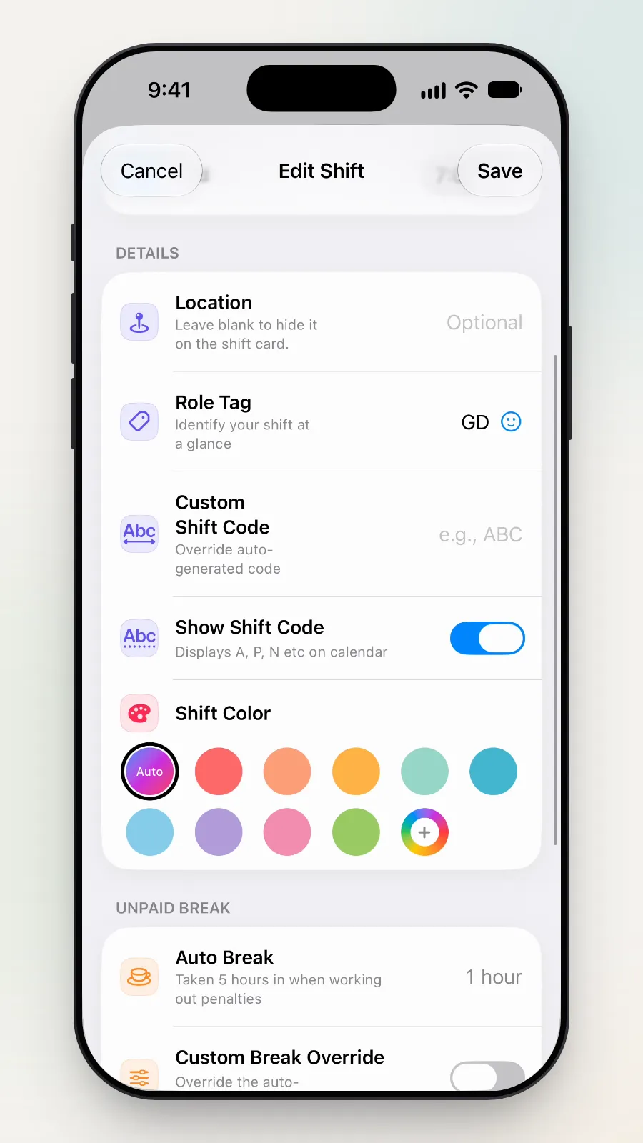 Edit Shift scrolled down to the Shift Color circles.