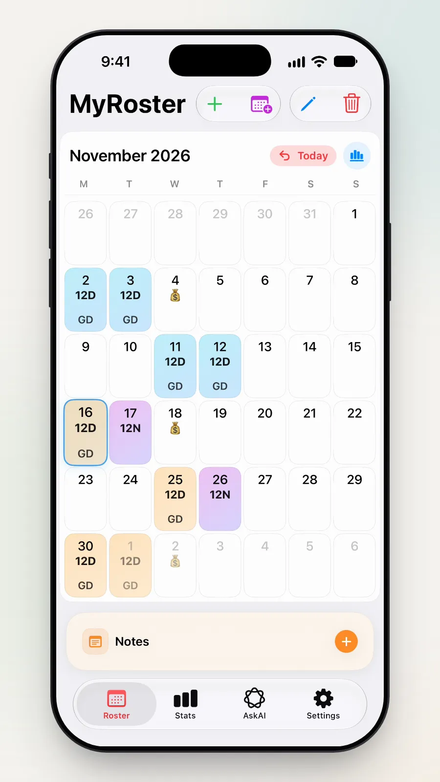 The roster with 16, 25 and 30 November and 1 December in orange, and the earlier shifts still blue.