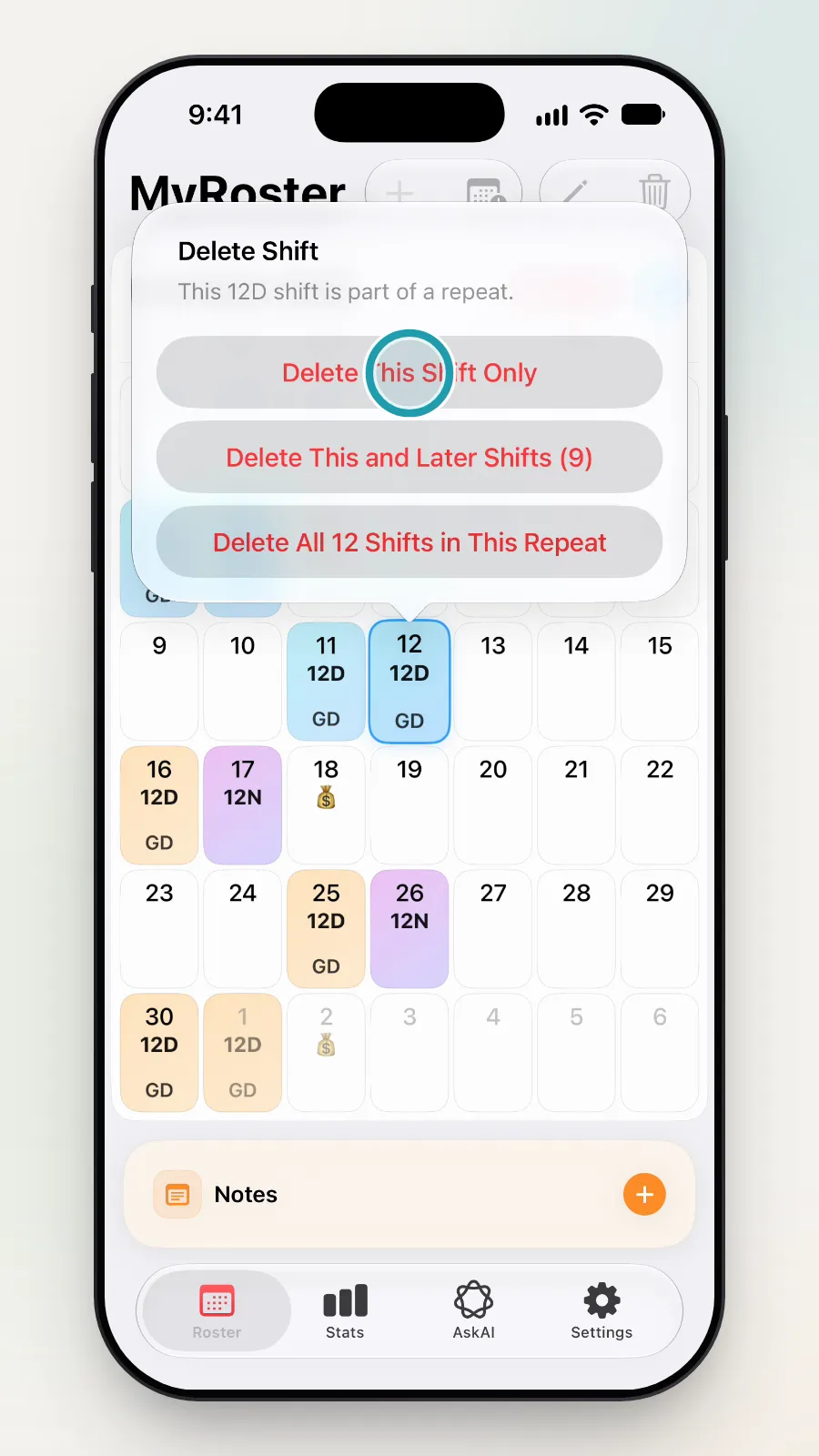 Delete This Shift Only being tapped.