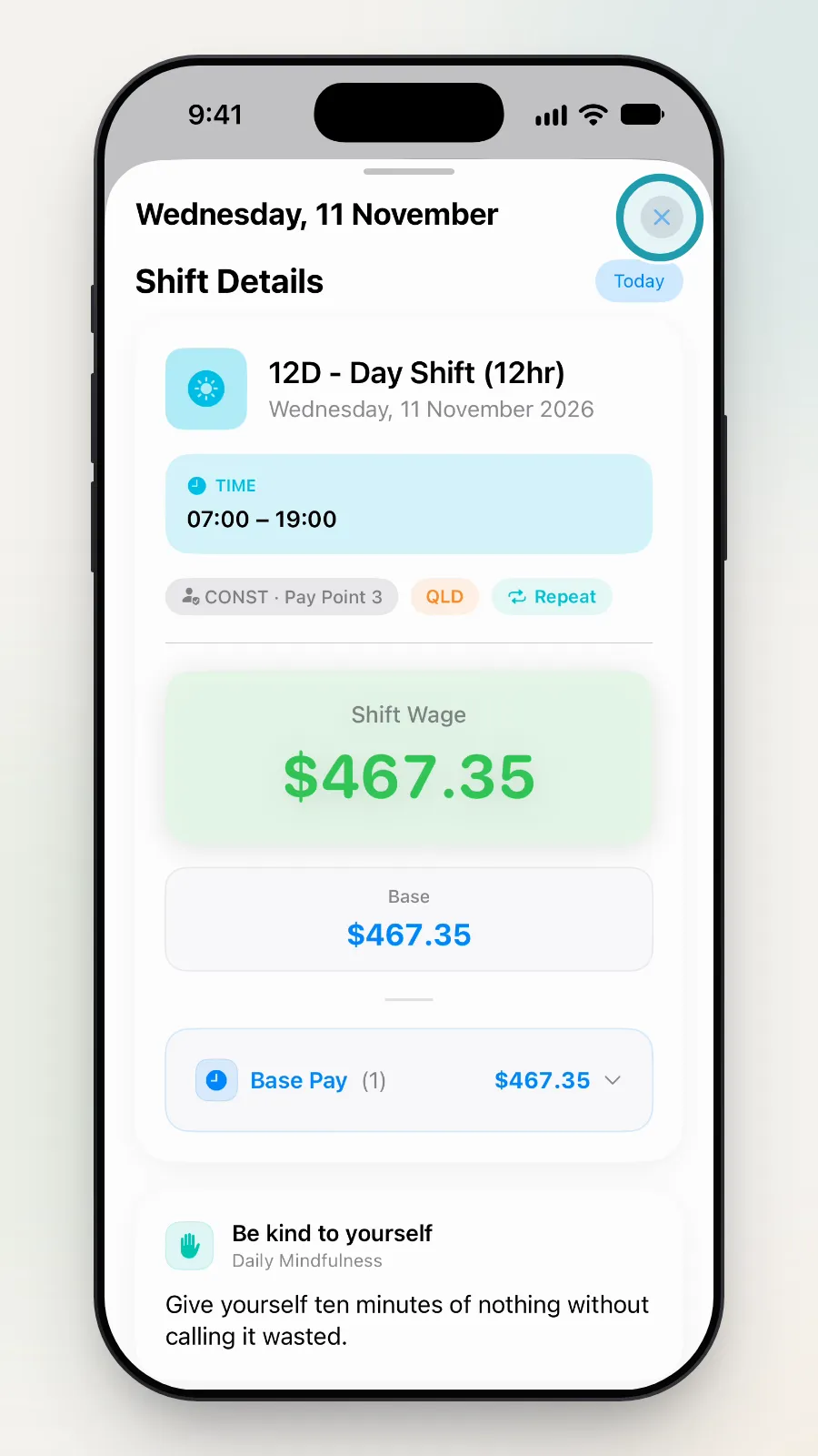 The X at the top right of Shift Details being tapped to close it.