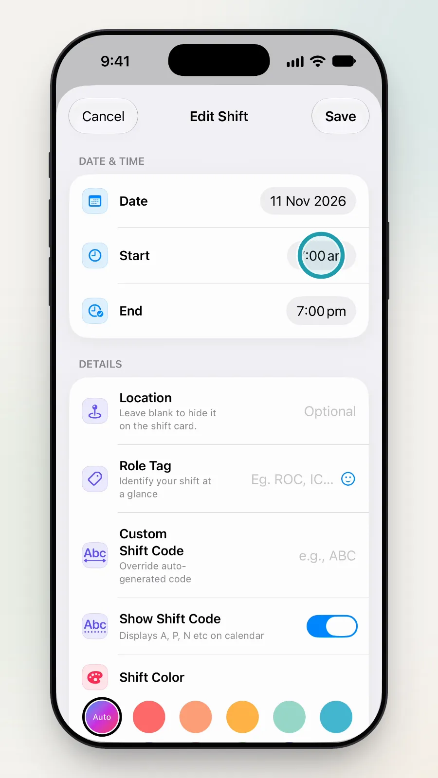 The Edit Shift screen for 11 November, with the Start time being tapped.