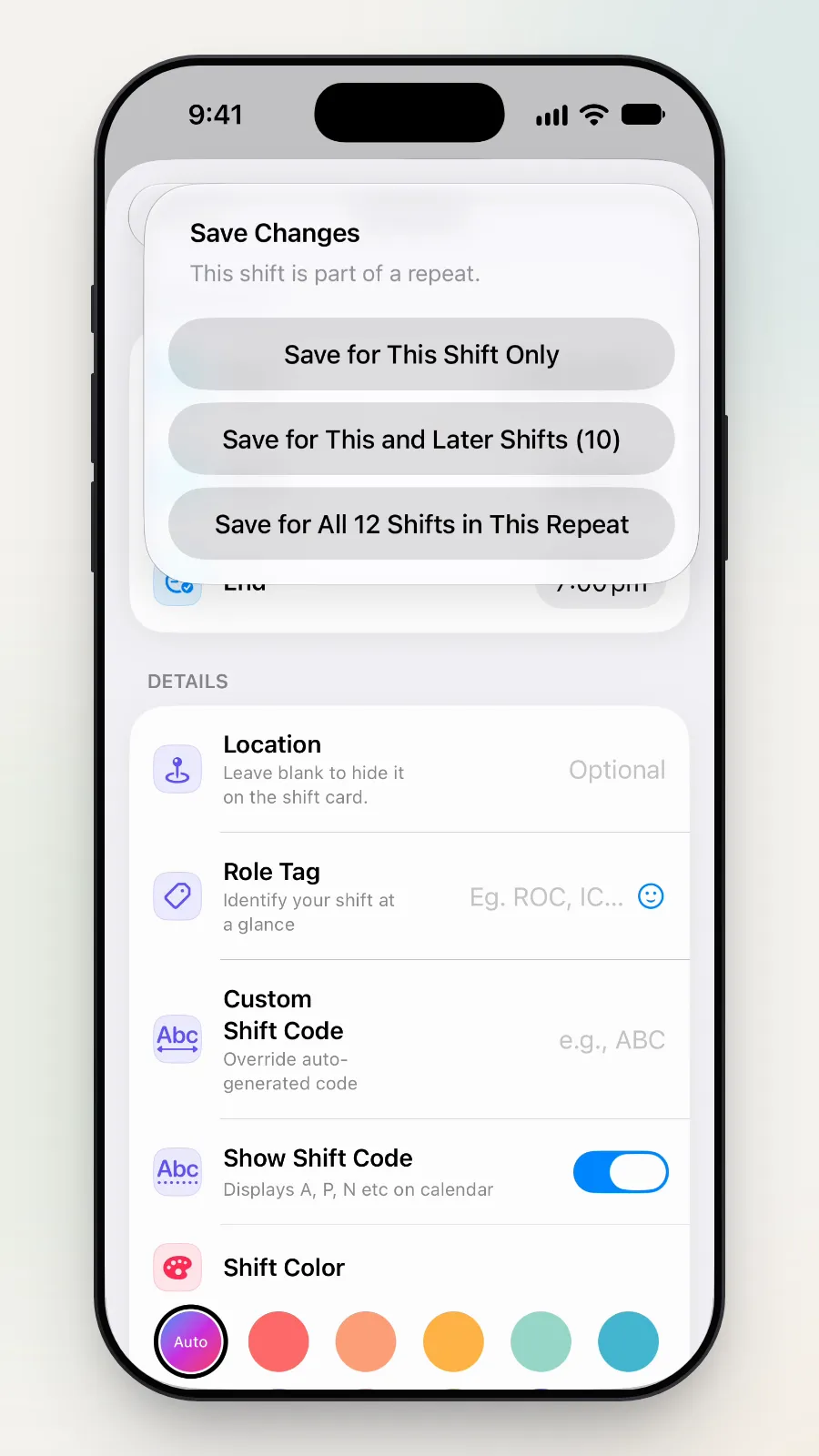 The Save Changes box: This shift is part of a repeat, with Save for This Shift Only, Save for This and Later Shifts (10) and Save for All 12 Shifts in This Repeat.