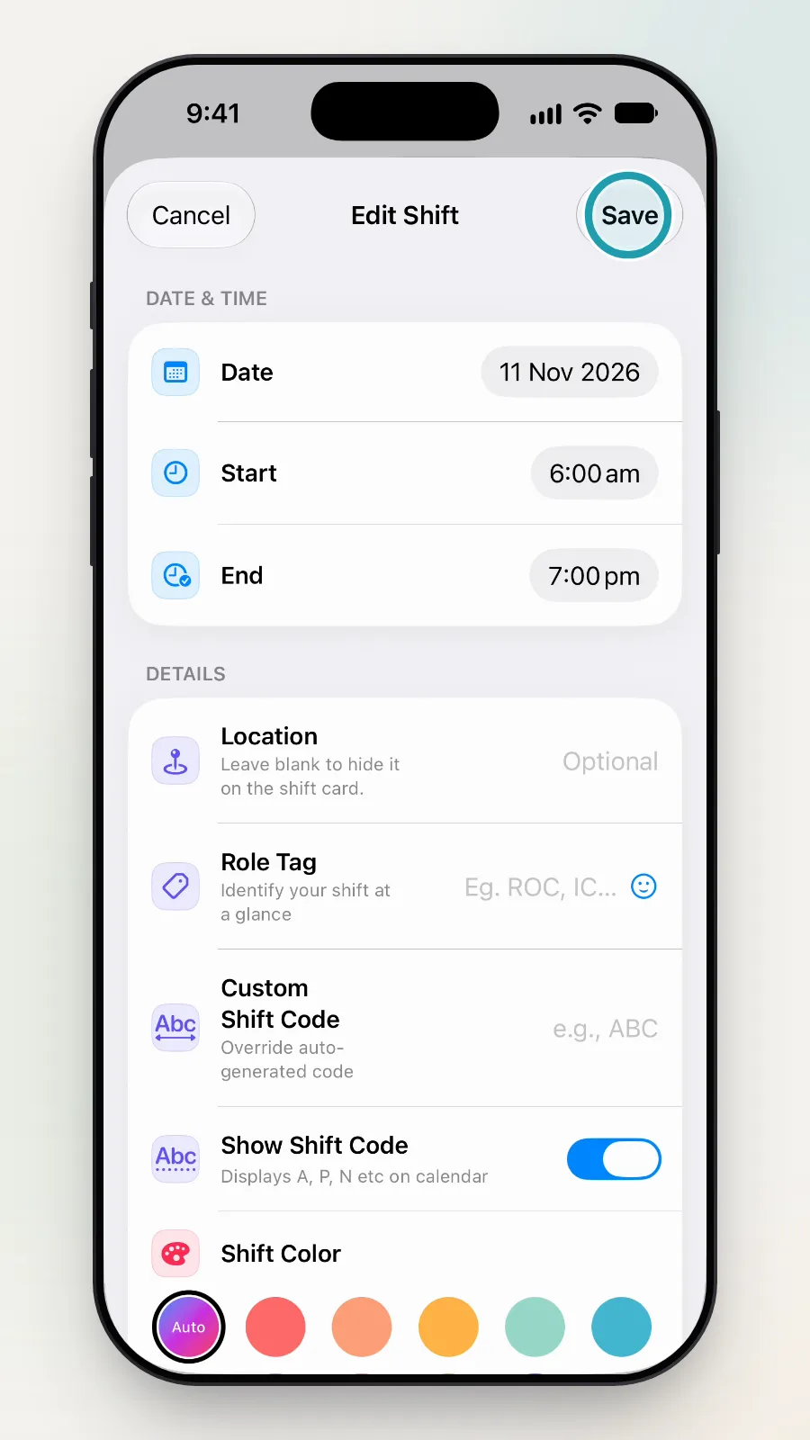 The Save button at the top right of Edit Shift being tapped.