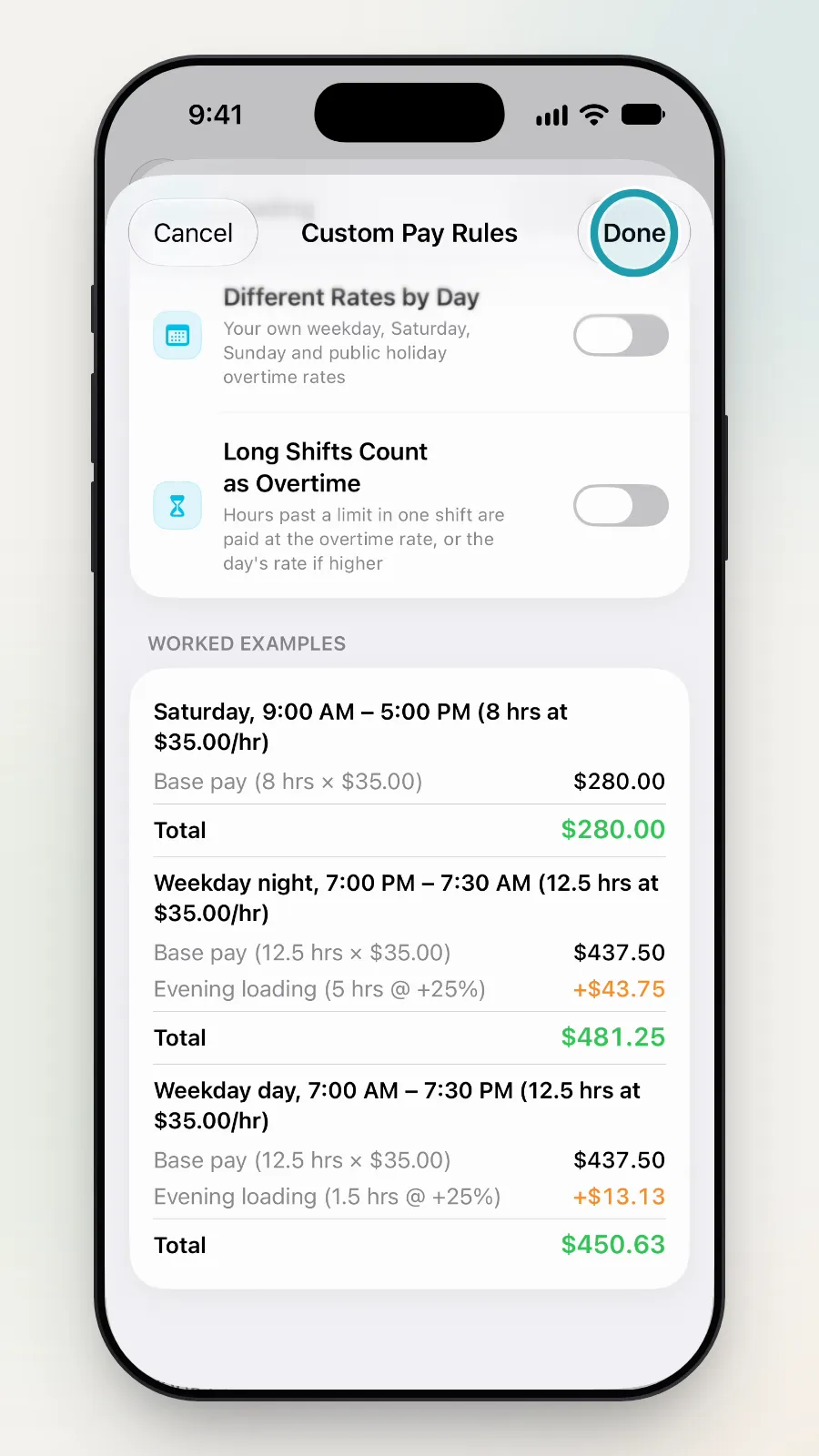 The Done button at the top right of Custom Pay Rules being tapped.