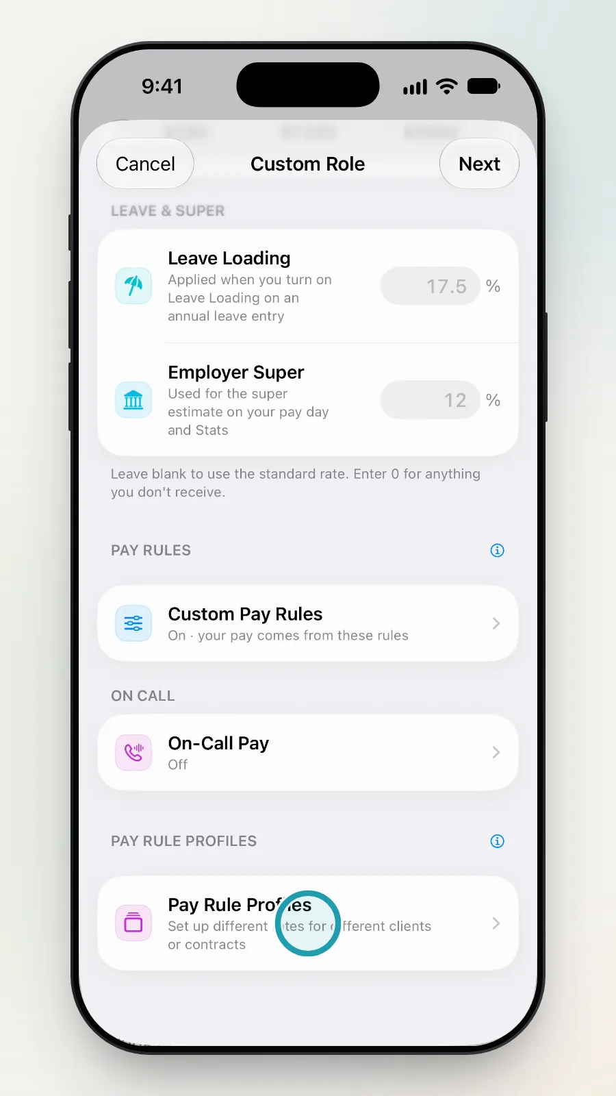 The Pay Rule Profiles row being tapped.