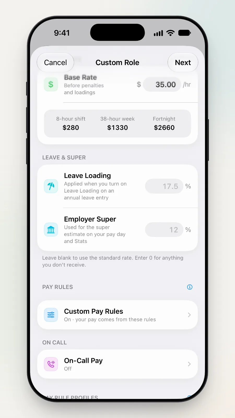 The Custom Role box with Custom Pay Rules now reading On, your pay comes from these rules.