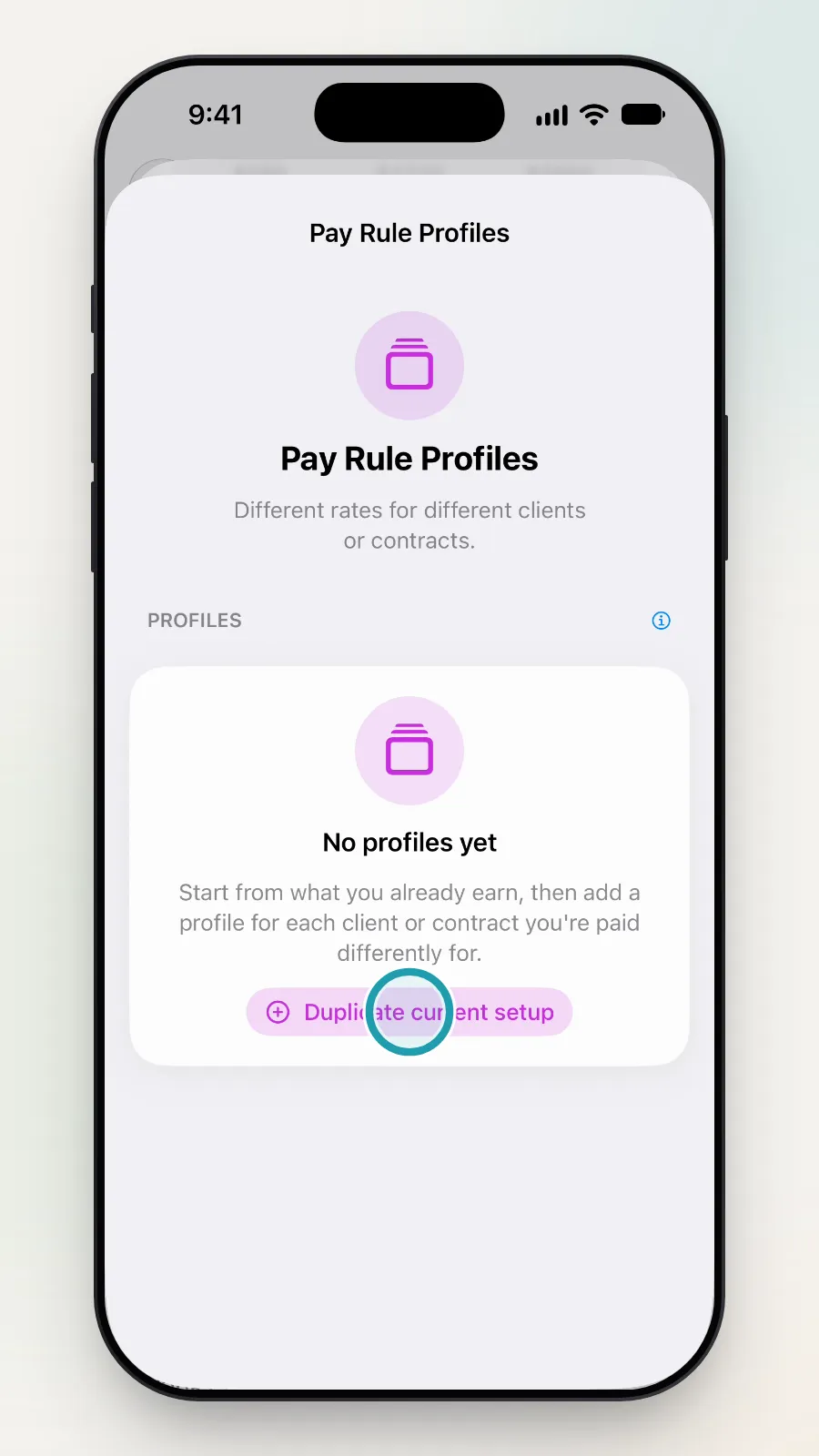 The empty Pay Rule Profiles list, with the Duplicate current setup button being tapped.