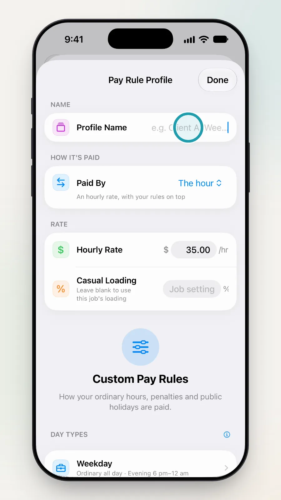 A new Pay Rule Profile with its Profile Name field being tapped.