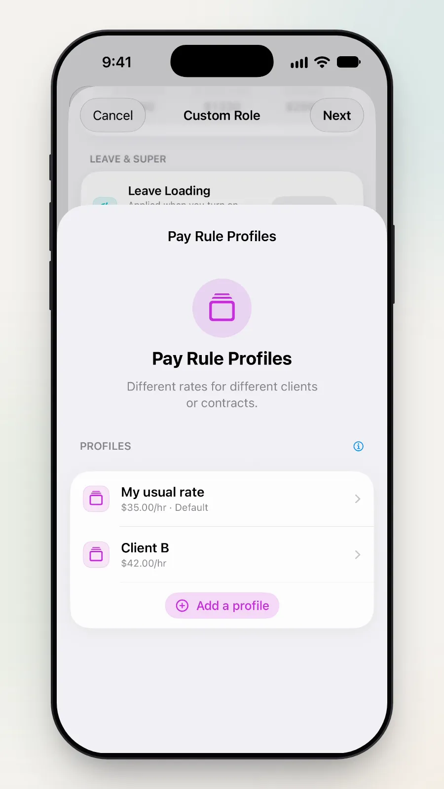 The Pay Rule Profiles list with My usual rate and Client B, being swiped down to close.
