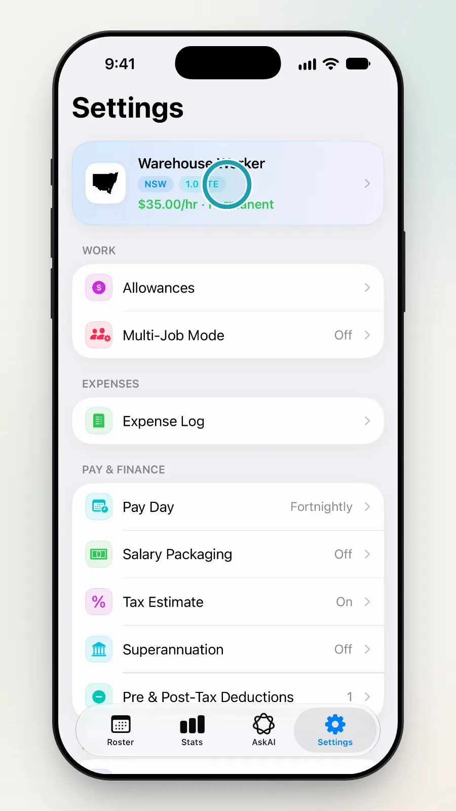 The Settings screen with the Warehouse Worker job card at the top being tapped.