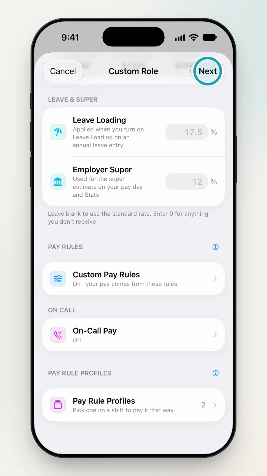 The Next button at the top right being tapped.
