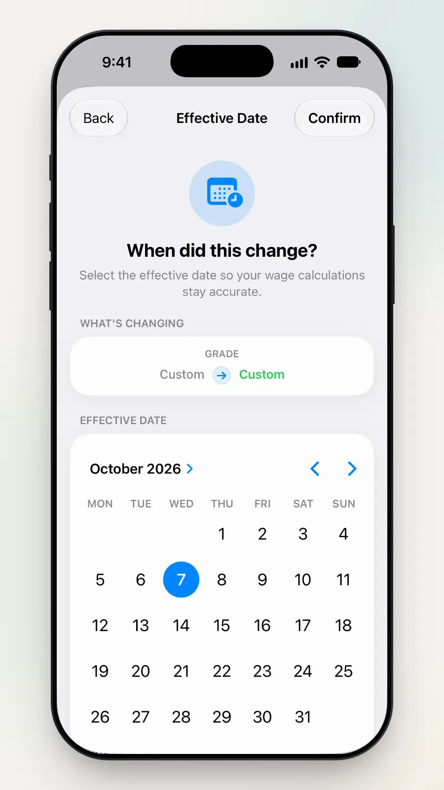 The Effective Date page with the calendar.