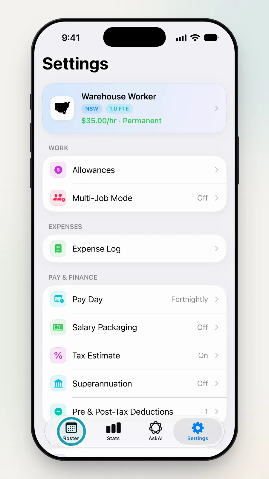 The Roster tab at the bottom left of the Settings screen being tapped.