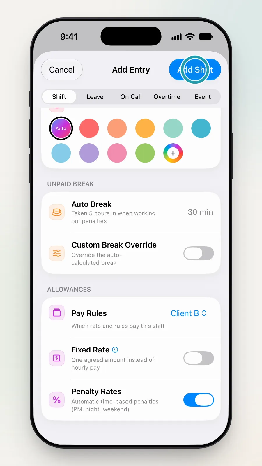The Add Shift button at the top right being tapped.