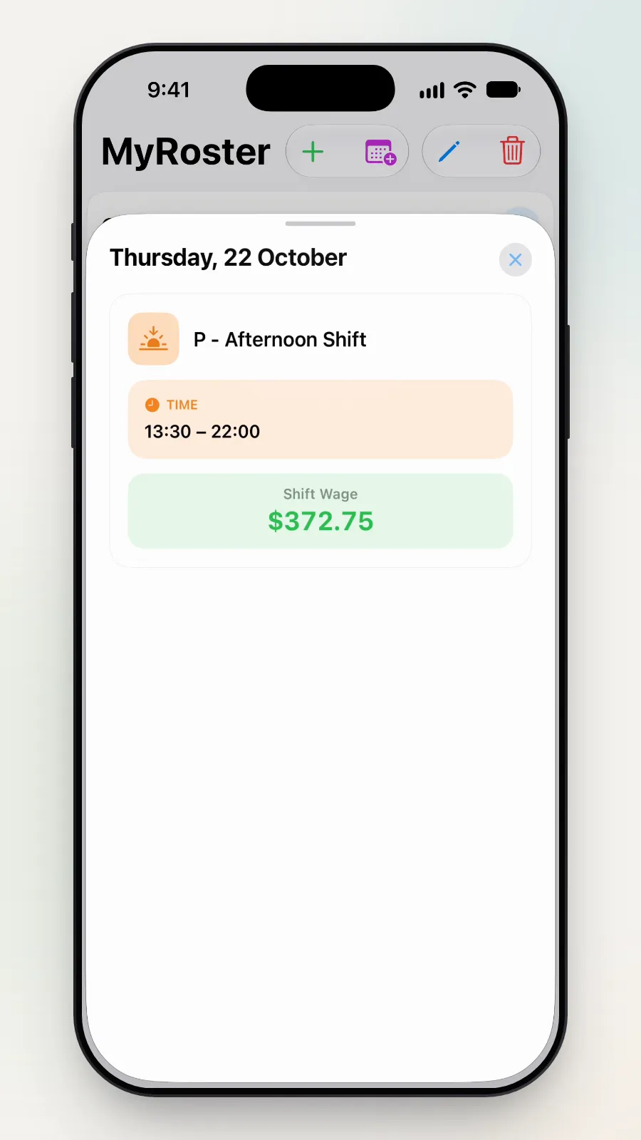 A small box for Thursday 22 October with the shift's wage, being swiped up.