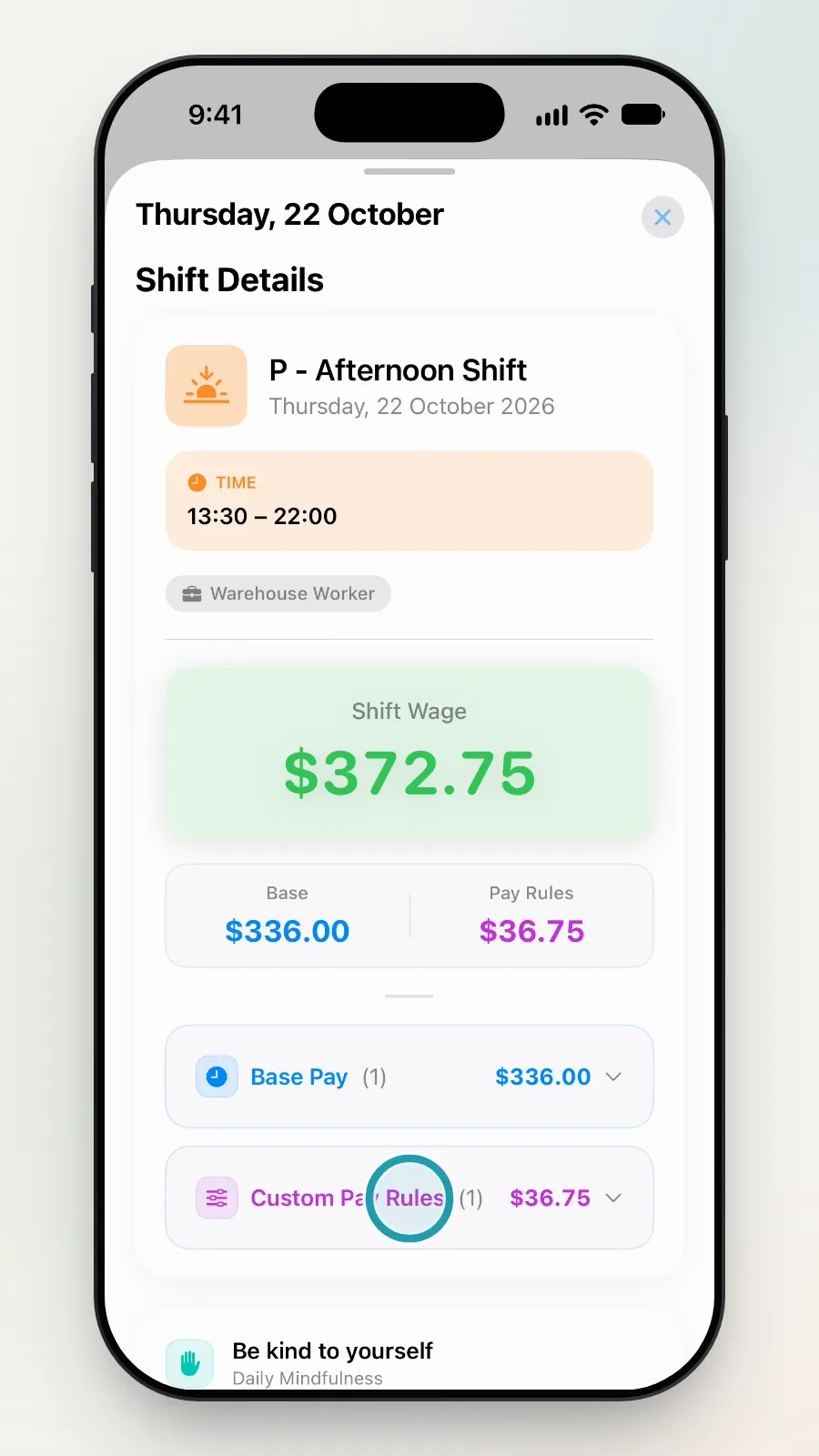 Shift Details with Shift Wage $372.75, and the Custom Pay Rules row being tapped.