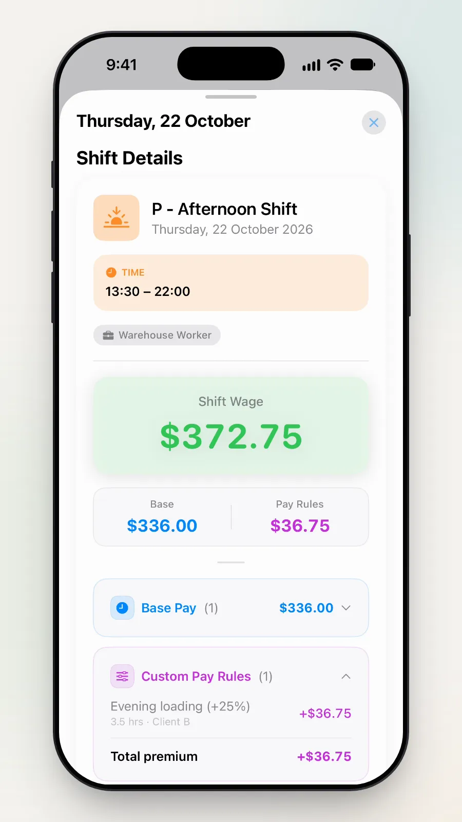 The Custom Pay Rules line: Evening loading (+25%), 3.5 hrs, Client B, +$36.75.