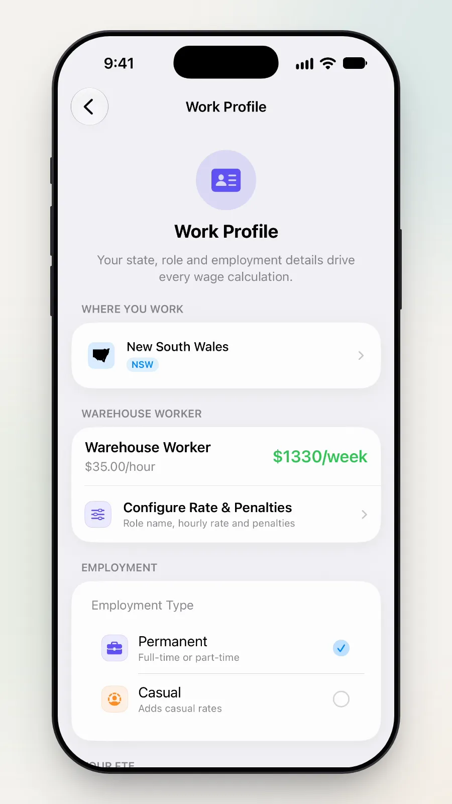 The Warehouse Worker card: $35.00/hour, $1330/week, with the Configure Rate & Penalties row below.
