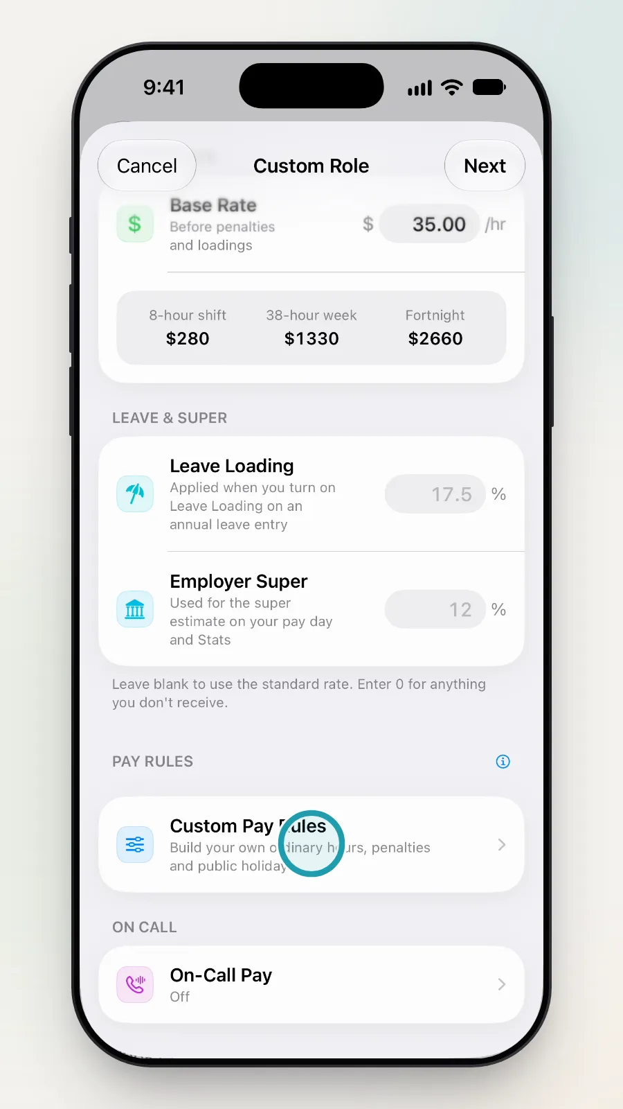 The Custom Role box scrolled to Pay Rules, with the Custom Pay Rules row being tapped.