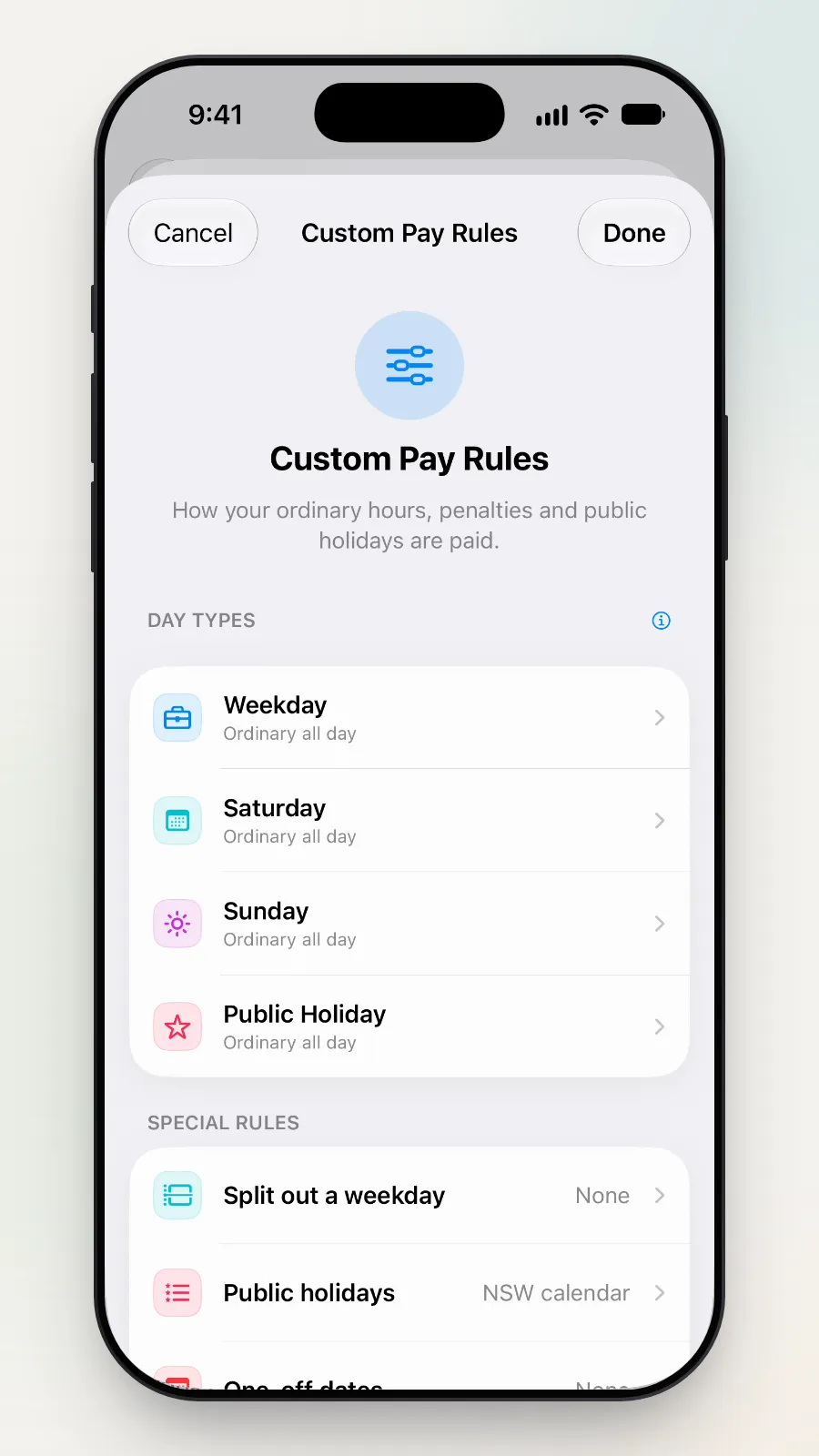 The Custom Pay Rules screen with the Day Types list.