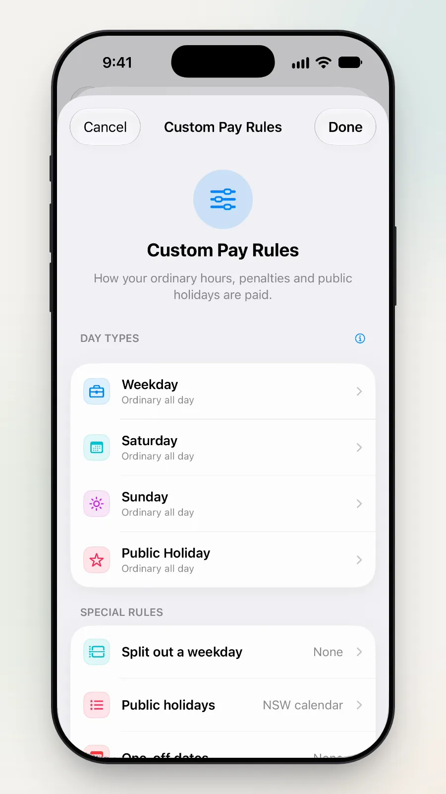 The Custom Pay Rules screen, with Cancel at the top left and Done at the top right.