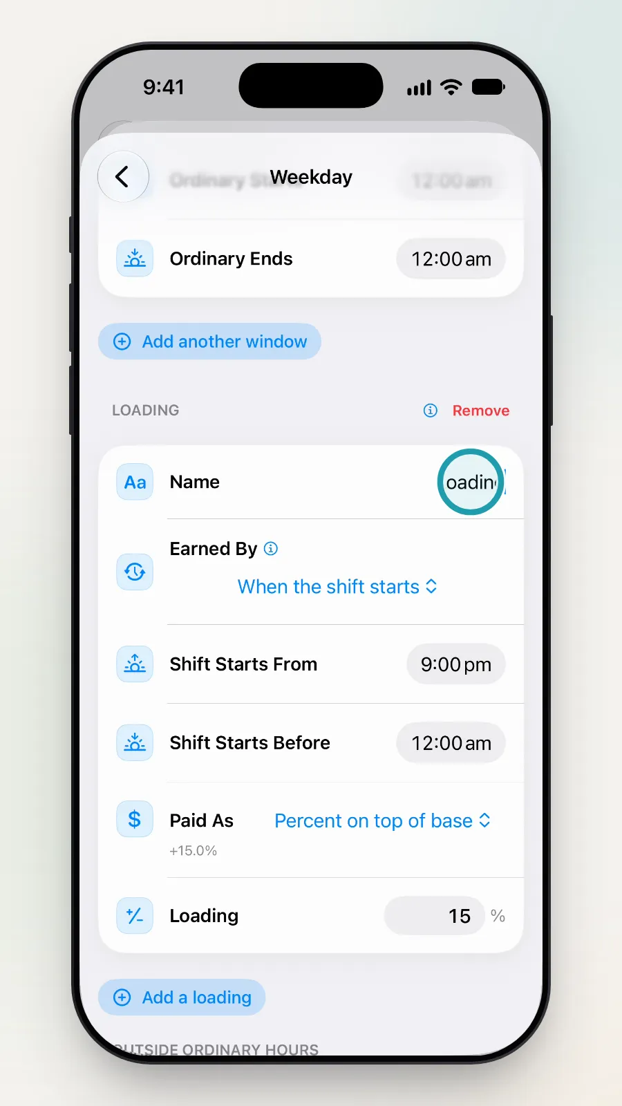 A new loading card with its Name field being tapped.