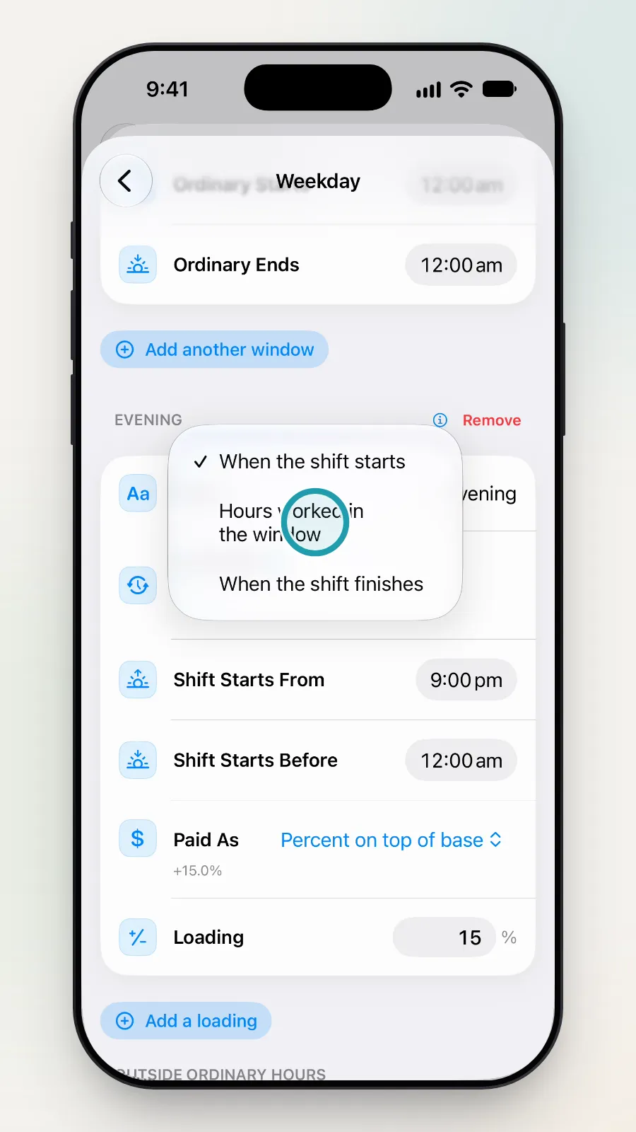 The Earned By choices, with Hours worked in the window being tapped.