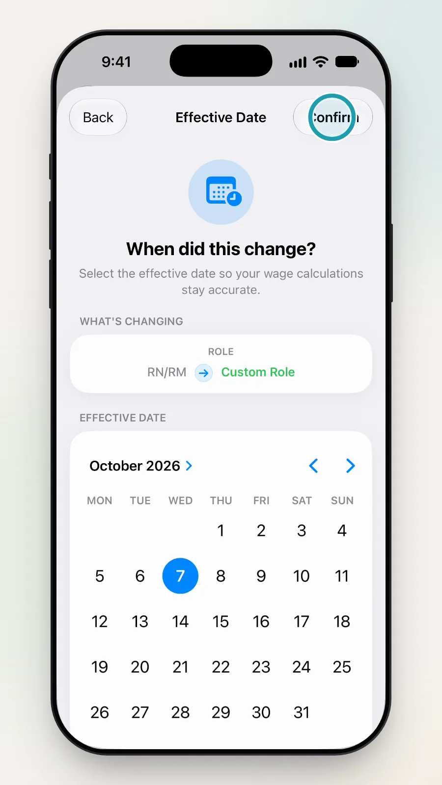The Confirm button at the top right being tapped.