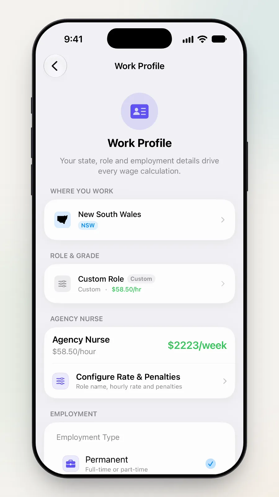 The Work Profile page, with the Agency Nurse card still at $58.50/hour.
