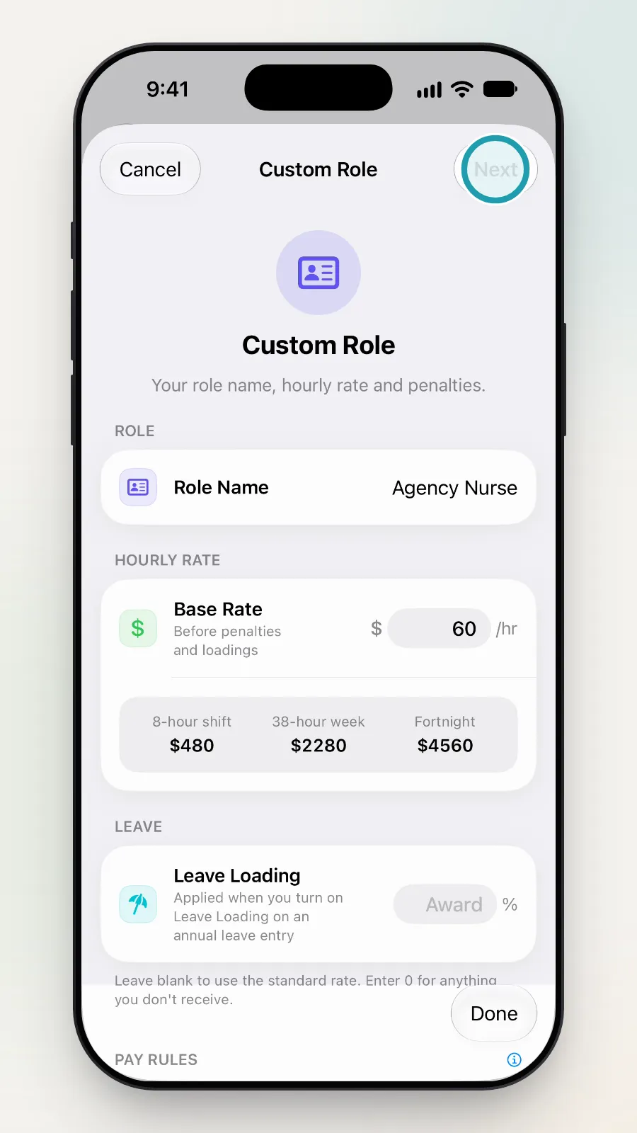 Base Rate showing 60, with the Next button at the top right being tapped.