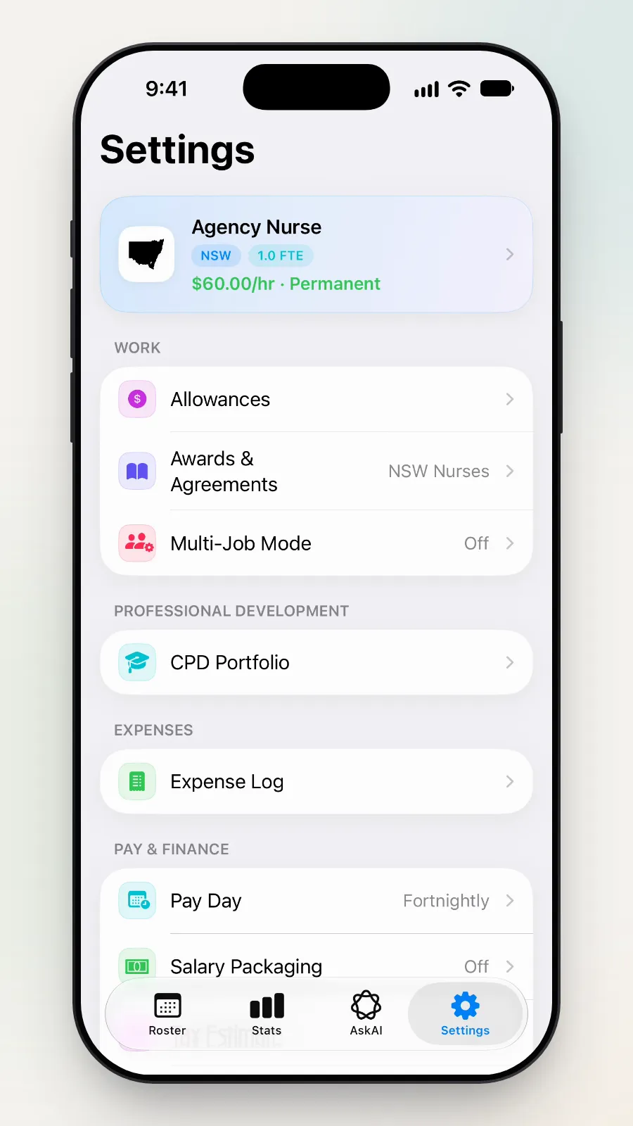The Settings screen with the Agency Nurse job card and the Allowances row.