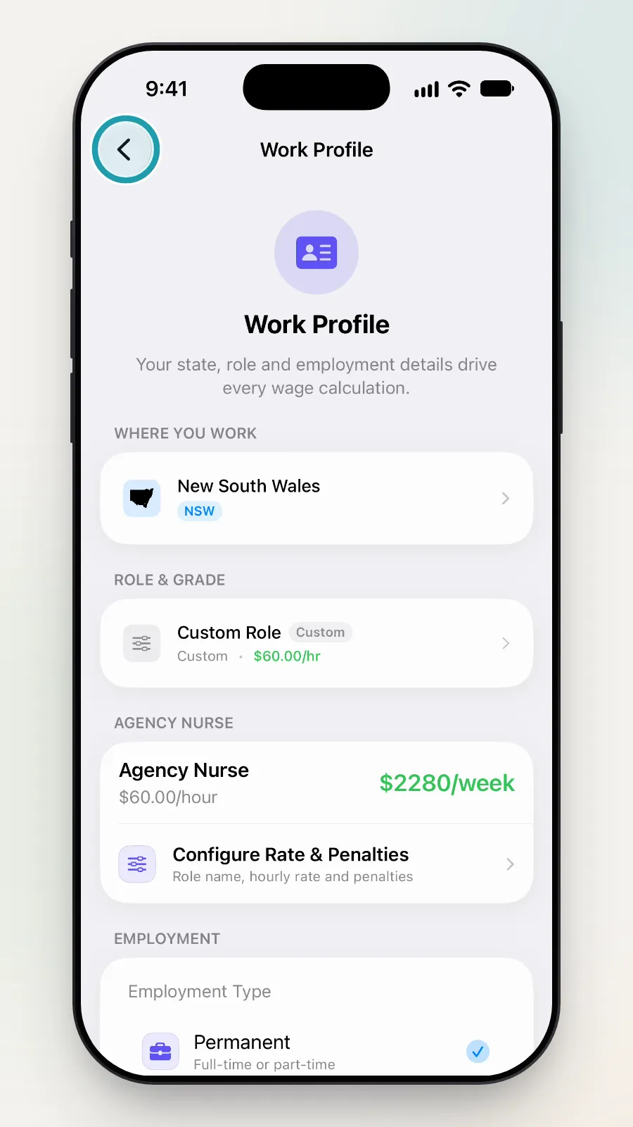 The back button at the top left of the Work Profile page being tapped.