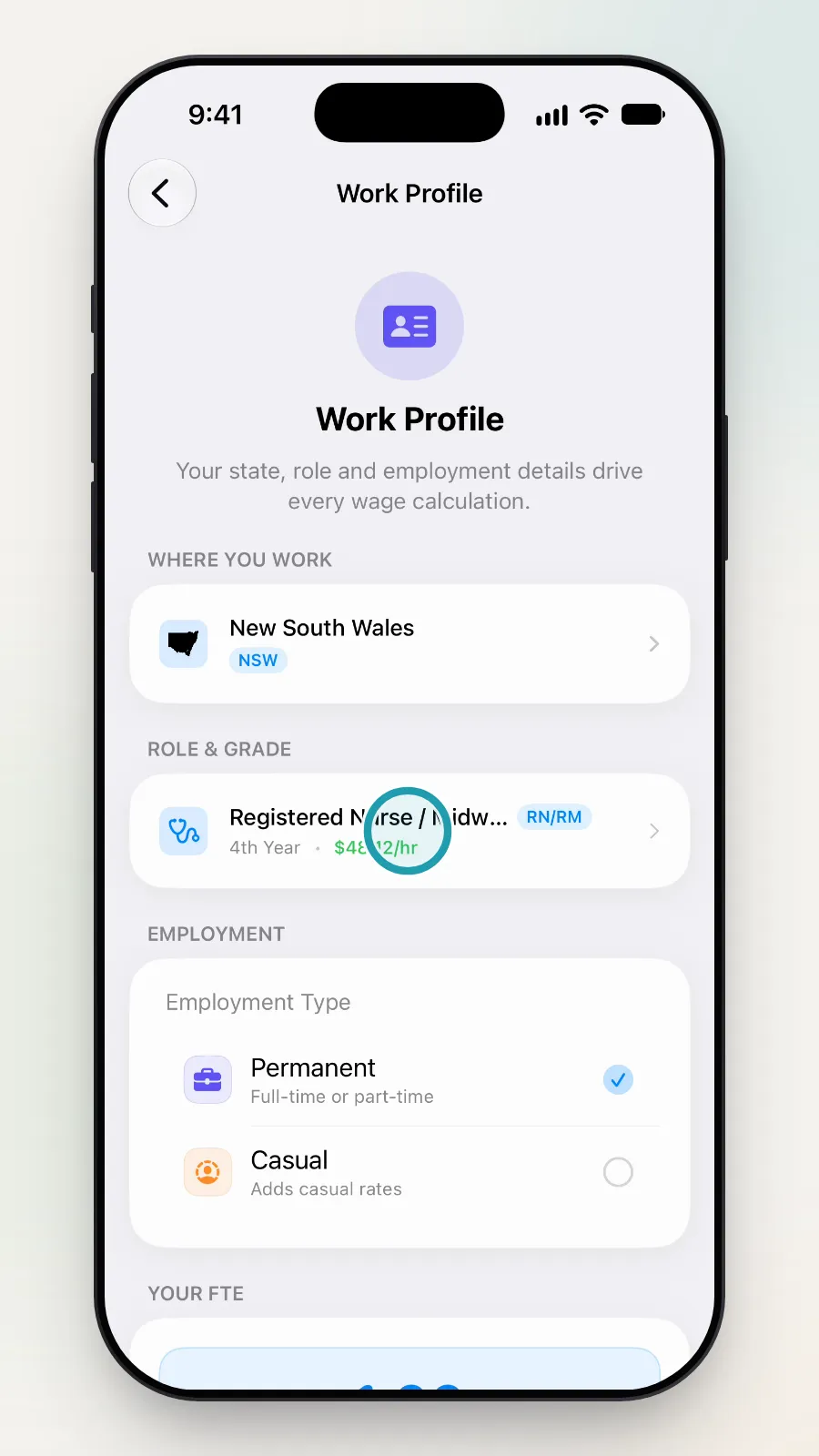 The Work Profile page with the Role & Grade row, Registered Nurse / Midwife 4th Year, being tapped.