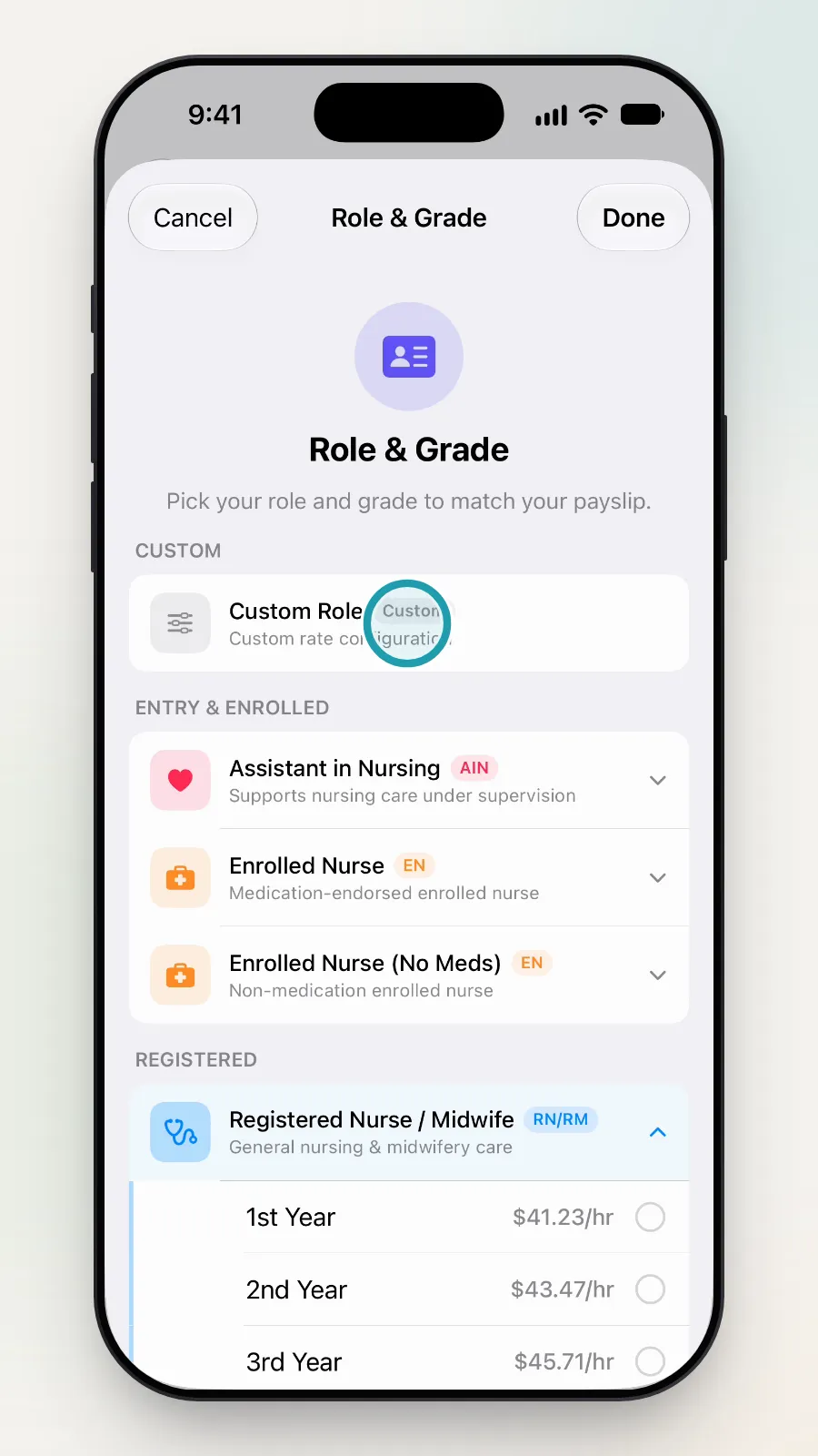 The Custom Role row being tapped.