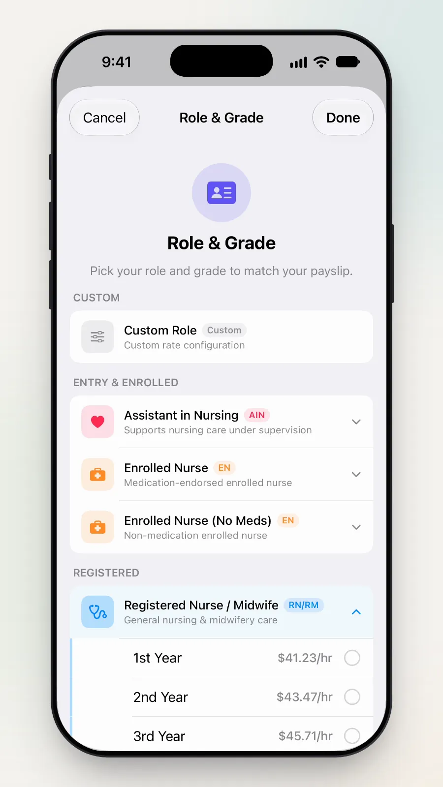 The Role & Grade list with Custom Role at the top, under Custom.