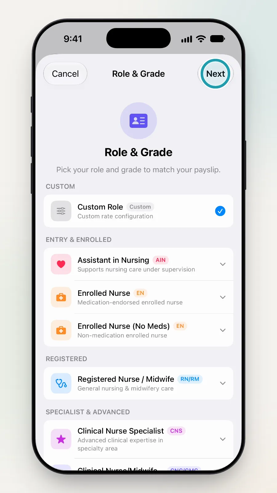 Custom Role ticked, with the Next button at the top right being tapped.