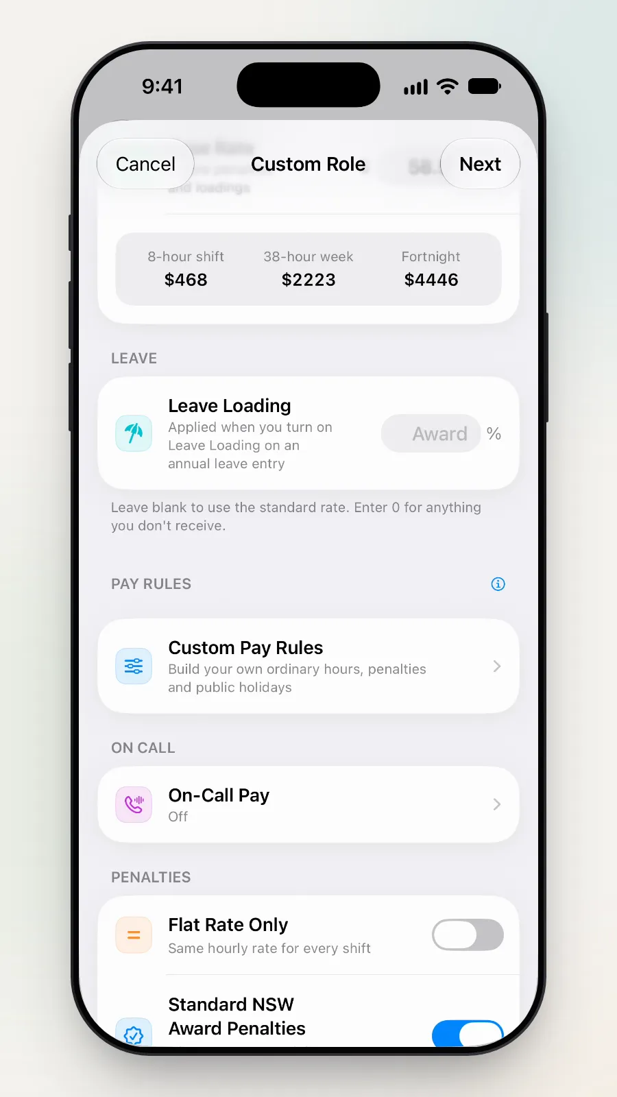 The On Call section with On-Call Pay, Off.