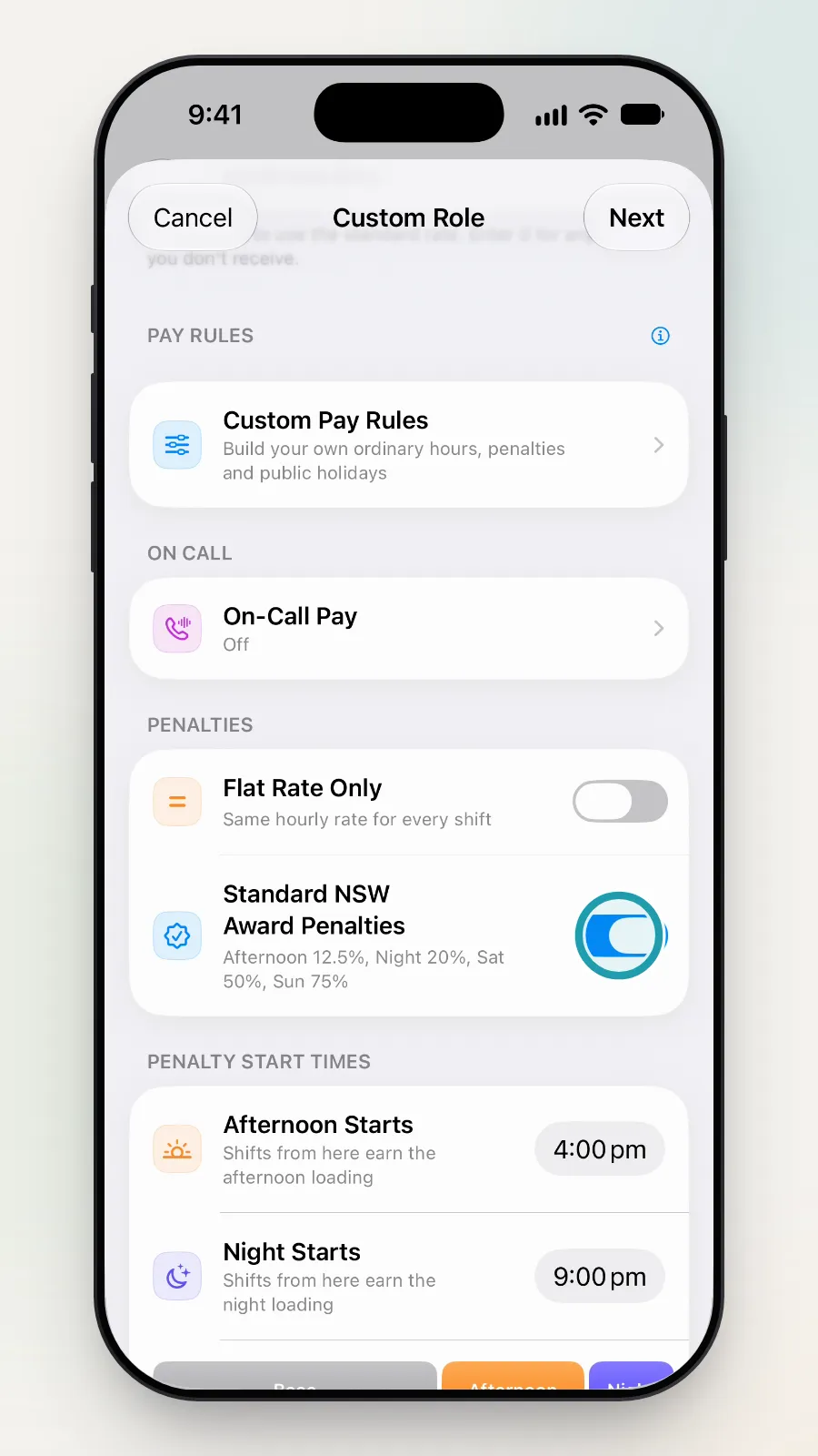 The Standard NSW Award Penalties switch being turned off.