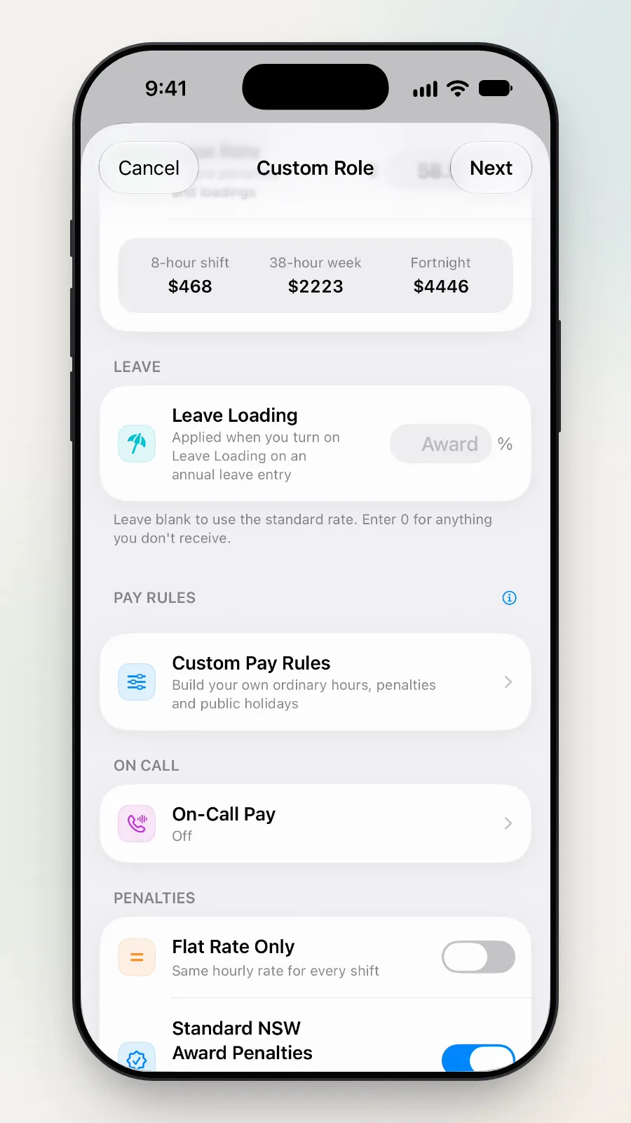 The Pay Rules section with the Custom Pay Rules row.