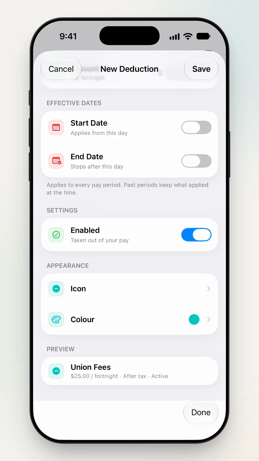 The Icon and Colour rows under Appearance.