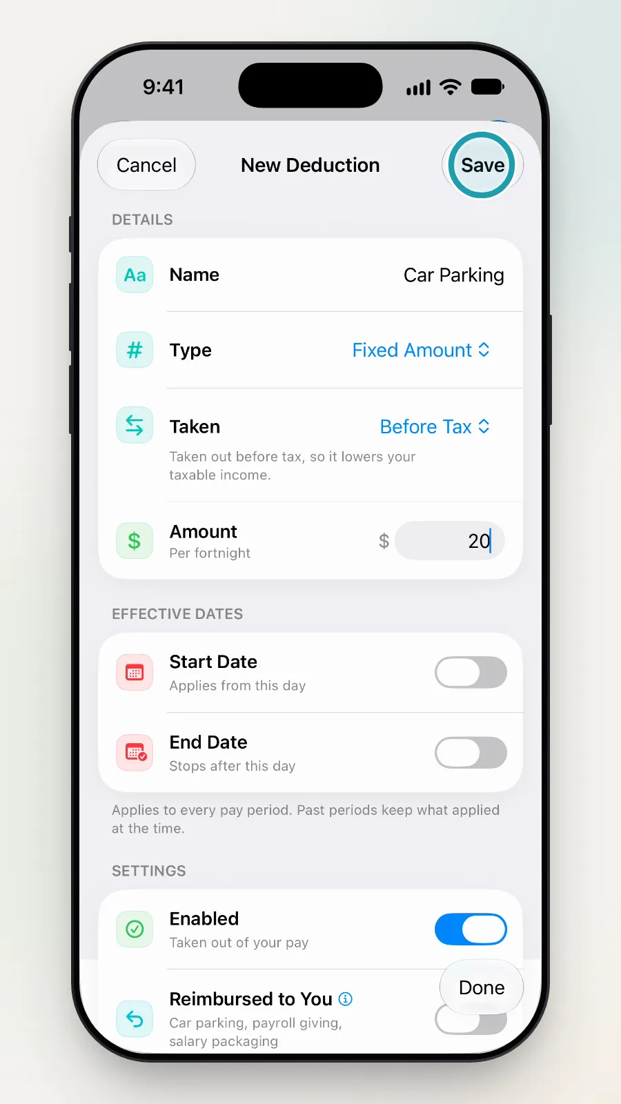 The Save button at the top right being tapped, with Car Parking and an amount of 20.