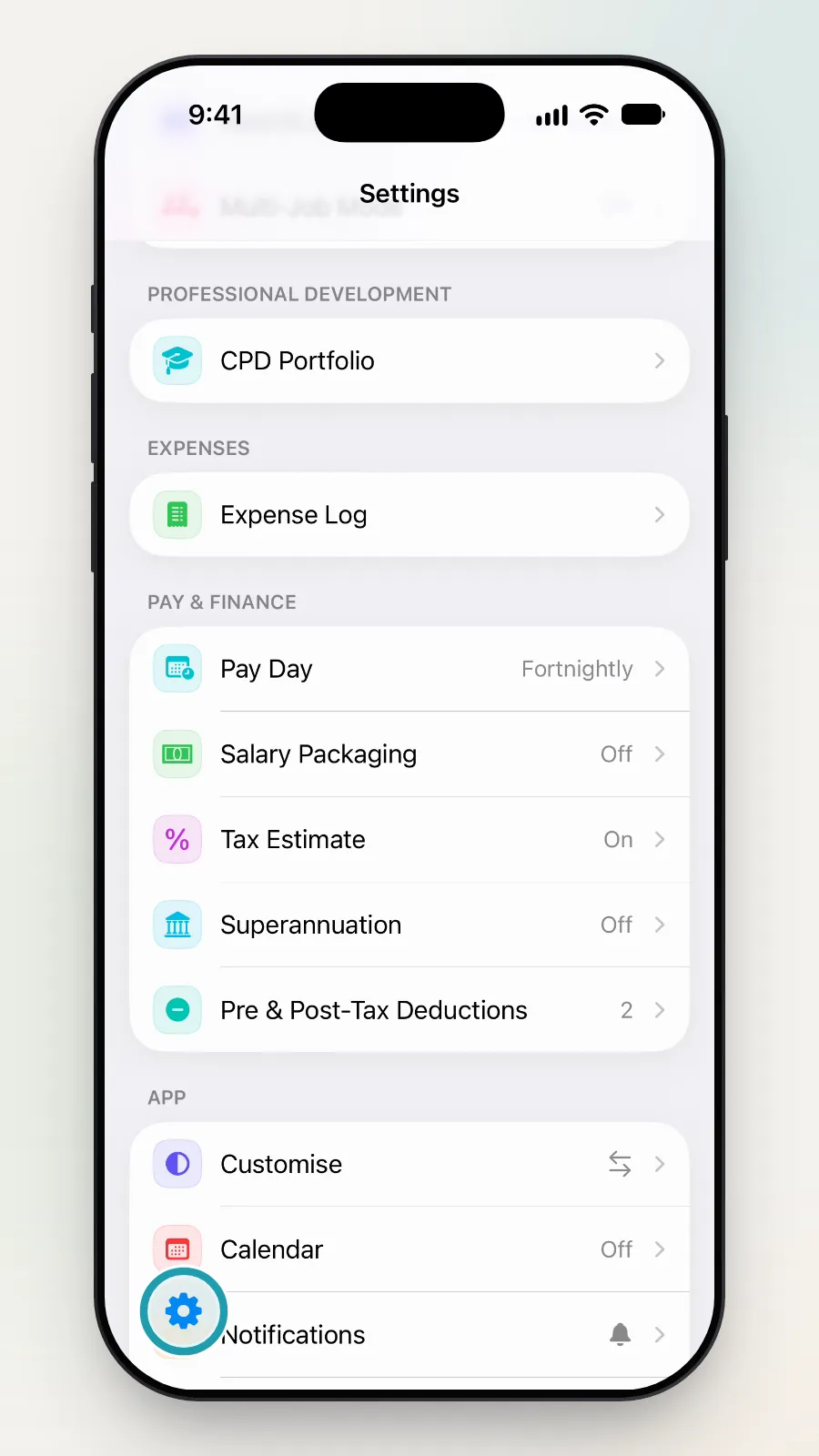 Settings showing Tax Estimate On and 2 deductions, with the round button at the bottom left being tapped.
