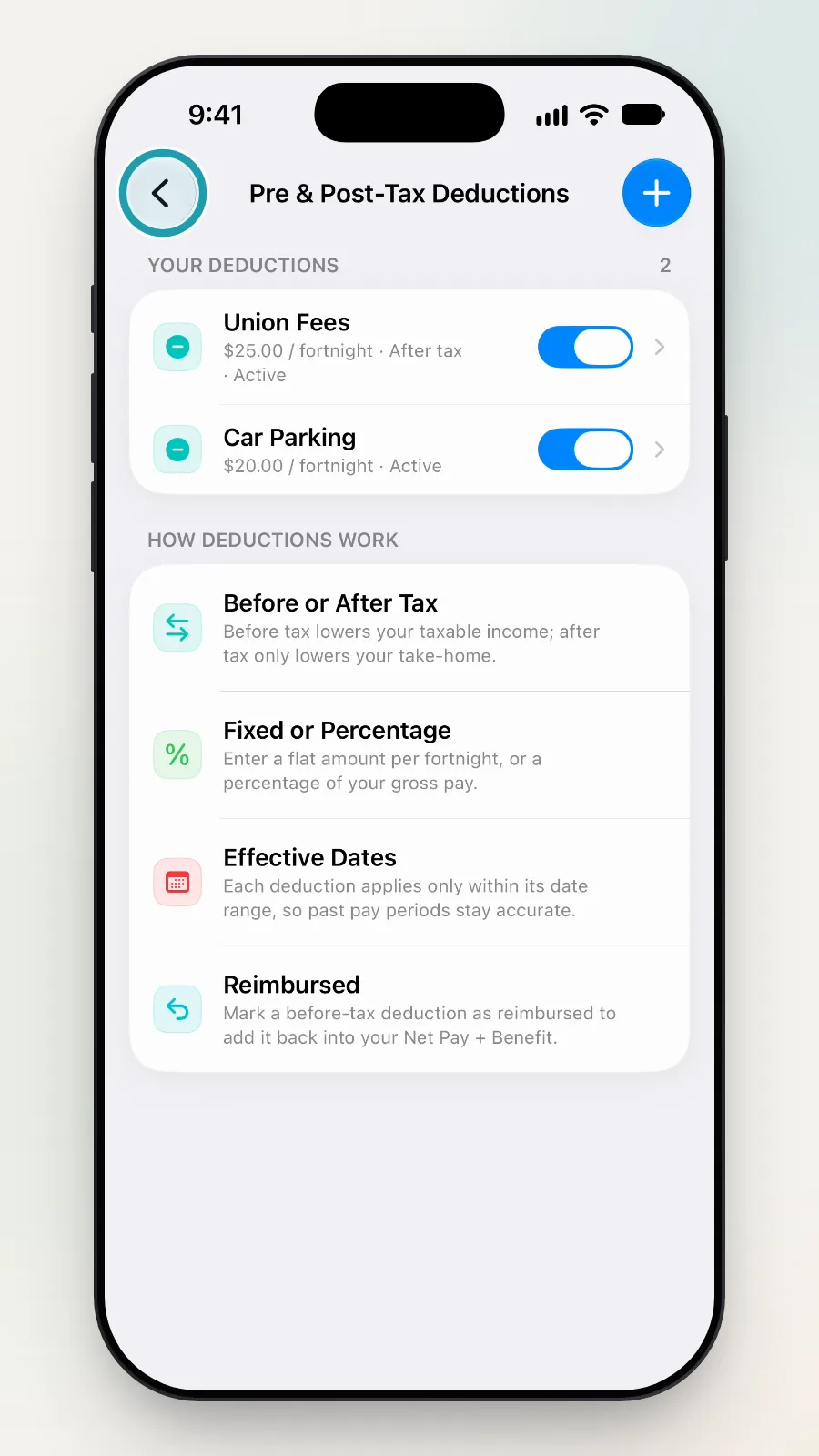 The back button at the top left of the deductions list being tapped.