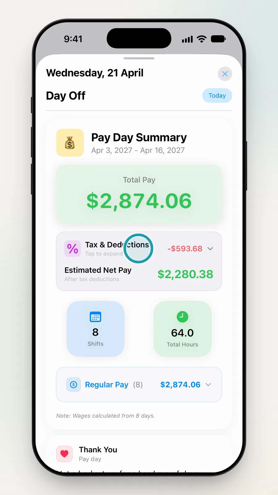 The Pay Day Summary with the Tax & Deductions card being tapped.