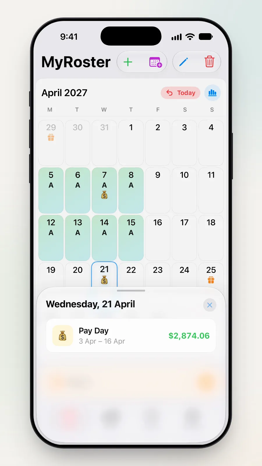 The day box for Wednesday 21 April showing Pay Day, 3 Apr to 16 Apr.