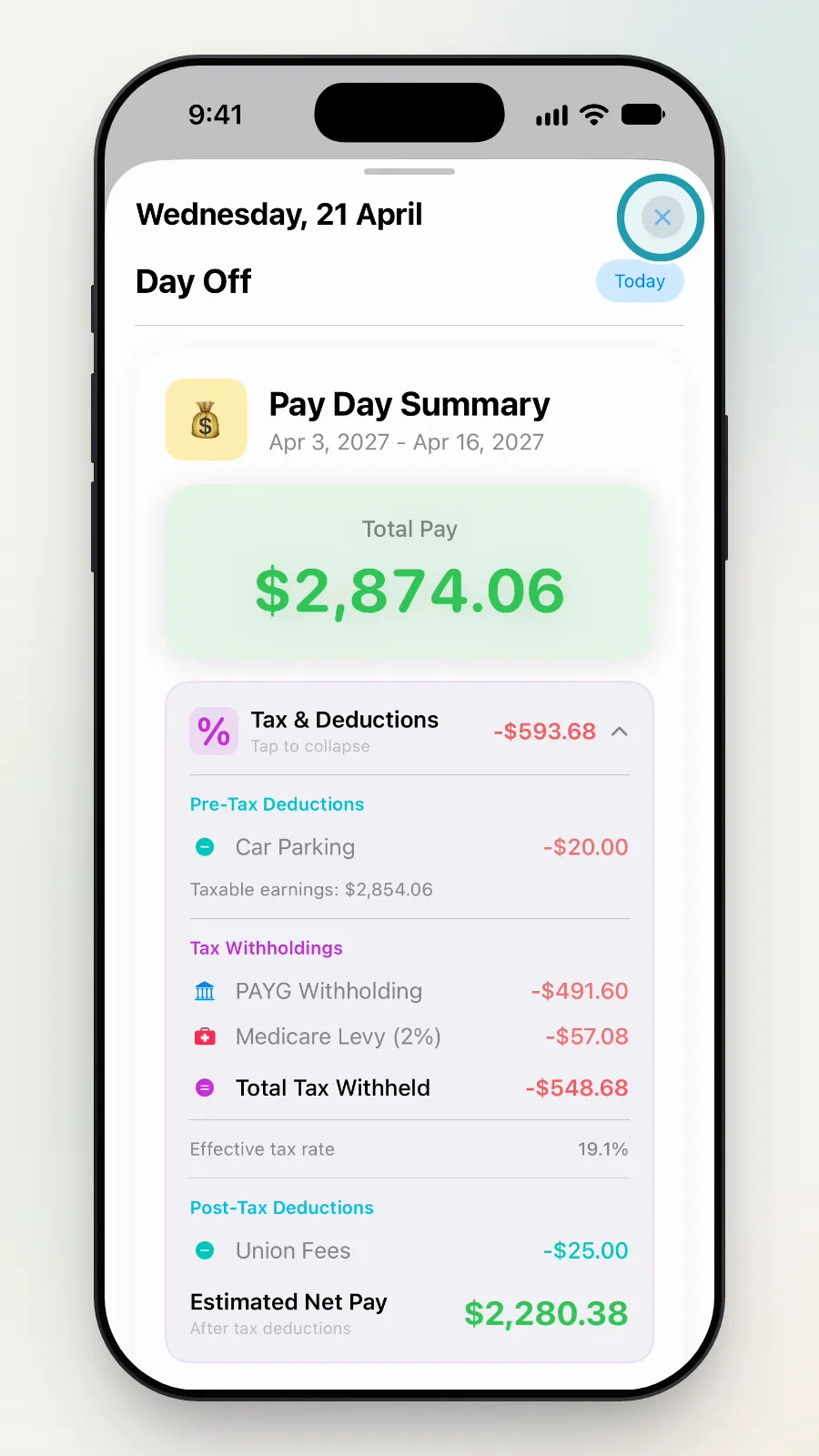The X at the top right of the pay day box being tapped.
